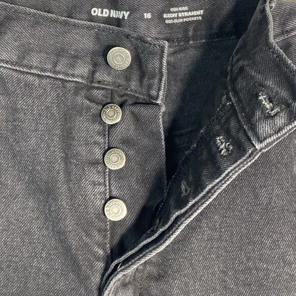 Old Navy High Rise Black Jeans Women’s Sz 16 Slouchy Straight Button Fly - Picture 3 of 6